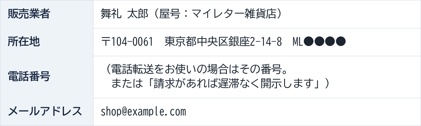 特定商取引法に基づく表記の書き方の例（販売業者・所在地・電話番号・メールアドレス）