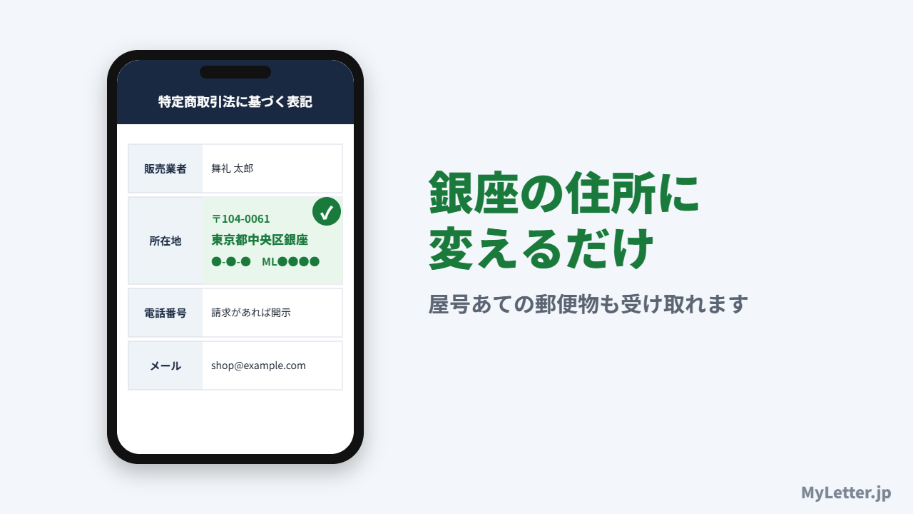 ネットショップの特商法の表記を、自宅の住所から銀座の住所に変えるイメージ